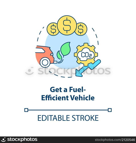 Get fuel efficient car concept icon. Climate change prevention abstract idea thin line illustration. Isolated outline drawing. Editable stroke. Roboto-Medium, Myriad Pro-Bold fonts used. Get fuel efficient car concept icon