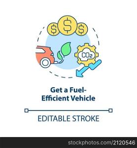 Get fuel efficient car concept icon. Climate change prevention abstract idea thin line illustration. Isolated outline drawing. Editable stroke. Roboto-Medium, Myriad Pro-Bold fonts used. Get fuel efficient car concept icon