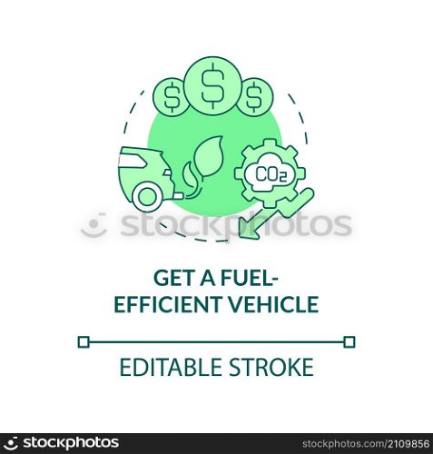 Get fuel efficient car green concept icon. Climate change prevention abstract idea thin line illustration. Isolated outline drawing. Editable stroke. Roboto-Medium, Myriad Pro-Bold fonts used. Get fuel efficient car green concept icon