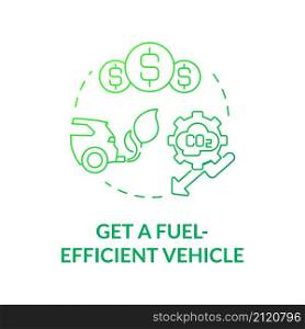 Get fuel efficient car green gradient concept icon. Climate change prevention abstract idea thin line illustration. Isolated outline drawing. Roboto-Medium, Myriad Pro-Bold fonts used. Get fuel efficient car green gradient concept icon