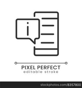 Get info from phone pixel perfect linear icon. Information in smartphone. Important notifications. Thin line illustration. Contour symbol. Vector outline drawing. Editable stroke. Poppins font used. Get info from phone pixel perfect linear icon