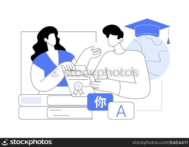 Get language certificate abstract concept vector illustration. Foreigner getting required level language certificate, citizen services, government sector, pass exam abstract metaphor.. Get language certificate abstract concept vector illustration.