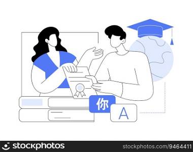 Get language certificate abstract concept vector illustration. Foreigner getting required level language certificate, citizen services, government sector, pass exam abstract metaphor.. Get language certificate abstract concept vector illustration.