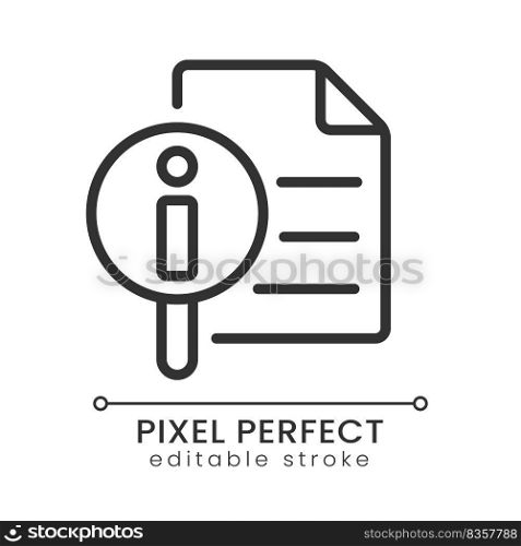 Get more information pixel perfect linear icon. List of answers on common questions. Search data. Thin line illustration. Contour symbol. Vector outline drawing. Editable stroke. Poppins font used. Get more information pixel perfect linear icon