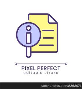 Get more information pixel perfect RGB color icon. List of answers on common questions. Search data. Isolated vector illustration. Simple filled line drawing. Editable stroke. Poppins font used. Get more information pixel perfect RGB color icon