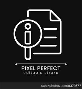 Get more information pixel perfect white linear icon for dark theme. List of answers on common questions. Thin line illustration. Isolated symbol for night mode. Editable stroke. Poppins font used. Get more information pixel perfect white linear icon for dark theme