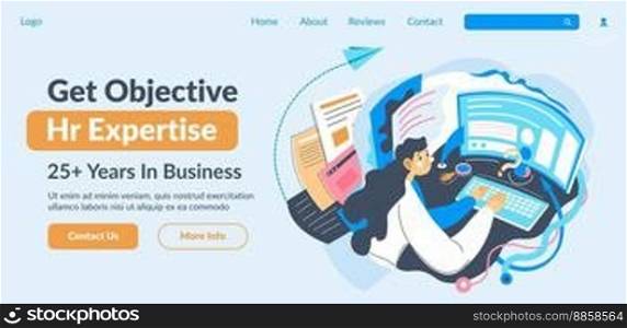 Get objective HR expertise from specialists 25 plus years in business. Business development with talented workers and best employees. Website landing page, internet site. Vector in flat style. HR expertise, get objective opinion, website page