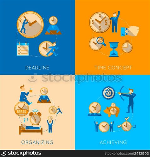 Get organized meeting deadline time management efficiency achieving concept flat icons composition isolated vector illustration
