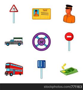Get out of car icons set. Cartoon set of 9 get out of car vector icons for web isolated on white background. Get out of car icons set, cartoon style