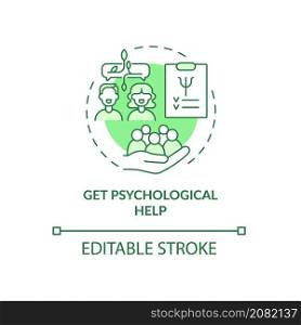 Get psychological help green concept icon. Psychiatrist visit abstract idea thin line illustration. Isolated outline drawing. Editable stroke. Roboto-Medium, Myriad Pro-Bold fonts used. Get psychological help green concept icon