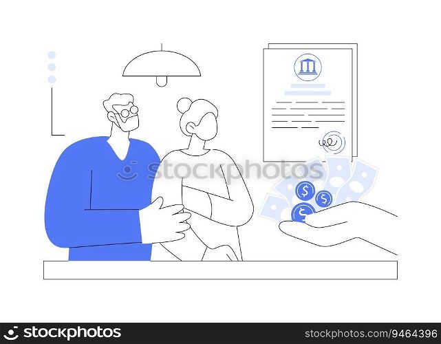 Get retirement benefits abstract concept vector illustration. Senior couple getting financial aid documents, bureaucracy sector, social security for pensioners, family benefits abstract metaphor.. Get retirement benefits abstract concept vector illustration.