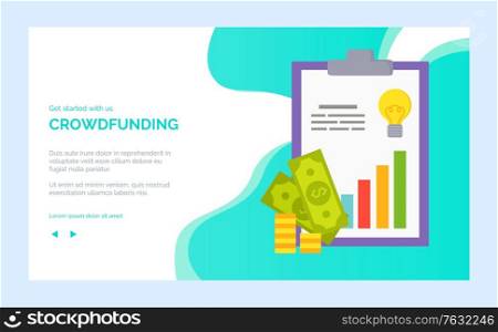 Get started with crowdfunding, investment app, report of success rising chart, dollar and coin. Finance project, statistics list with money vector. Website or webpage template, landing page flat style. Finance Project, Statistics List with Money Vector