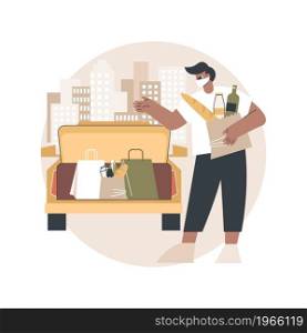 Get supplies without leaving your car abstract concept vector illustration. Curbside pickup, order number, call the store, contactless grocery pick-up, place order in trunk abstract metaphor.. Get supplies without leaving your car abstract concept vector illustration.