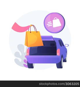 Get supplies without leaving your car abstract concept vector illustration. Curbside pickup, order number, call the store, contactless grocery pick-up, place order in trunk abstract metaphor.. Get supplies without leaving your car abstract concept vector illustration.