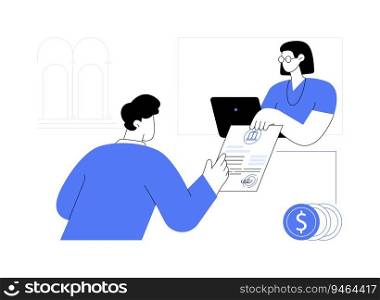 Get the proof of funds abstract concept vector illustration. Citizen getting document to proof of funds from bank worker, government services and procedure, immigration sector abstract metaphor.. Get the proof of funds abstract concept vector illustration.