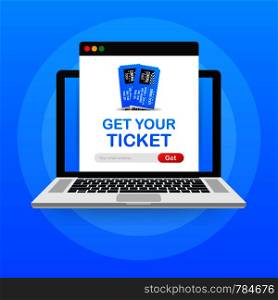 Get your ticket online. Cinema movie ticket online order concept. Vector stock illustration