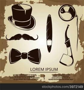 Getlemen style objects - cylinder, bow tie, tobacco. Vector vintage icons illustration. Getlemen style objects - cylinder, bow tie