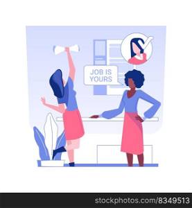 Getting a job isolated concept vector illustration. Happy woman accepted to work, HR management, human resources, recruiting process, headhunting agency, pursue career vector concept.. Getting a job isolated concept vector illustration.