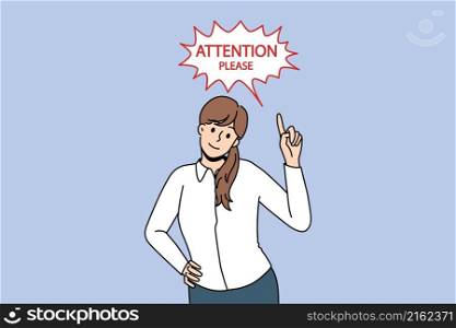 Getting attention and promotion concept. Young businesswoman standing and pointing with finger at attention please lettering sign vector illustration . Getting attention and promotion concept