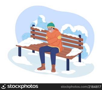 Getting cold in urban park 2D vector isolated illustration. Man shaking in cold winter weather outside flat characters on cartoon background. Everyday situation and daily life colourful scene. Getting cold in urban park 2D vector isolated illustration