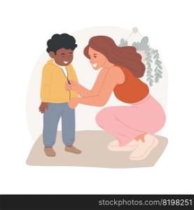 Getting dressed isolated cartoon vector illustration. Woman helps toddler to put on clothes, caregiver dressing child, get dressed, early education, daycare, in-home childcare vector cartoon.. Getting dressed isolated cartoon vector illustration.