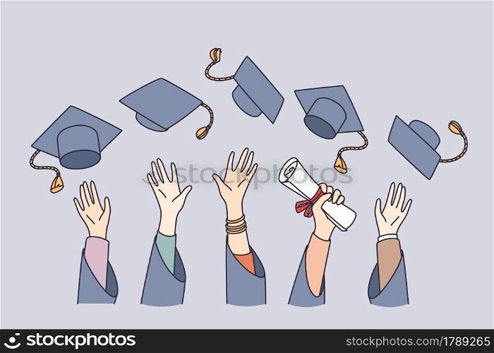 Getting education and learning concept. Hands of students university graduates lifting bonets in air holding diploma celebrating graduation vector illustration . Getting education and learning concept.
