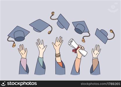 Getting education and learning concept. Hands of students university graduates lifting bonets in air holding diploma celebrating graduation vector illustration . Getting education and learning concept.