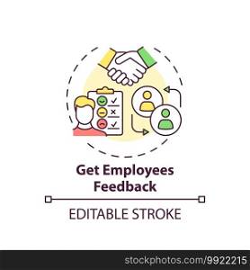 Getting employees feedback concept icon. Workplace wellness success tip idea thin line illustration. Employee surveys and reviews. Vector isolated outline RGB color drawing. Editable stroke. Getting employees feedback concept icon