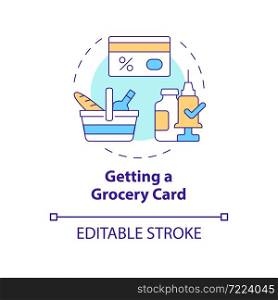 Getting grocery card concept icon. Vaccination bonuses abstract idea thin line illustration. Discount gift card. Incentive program. Vector isolated outline color drawing. Editable stroke. Getting grocery card concept icon