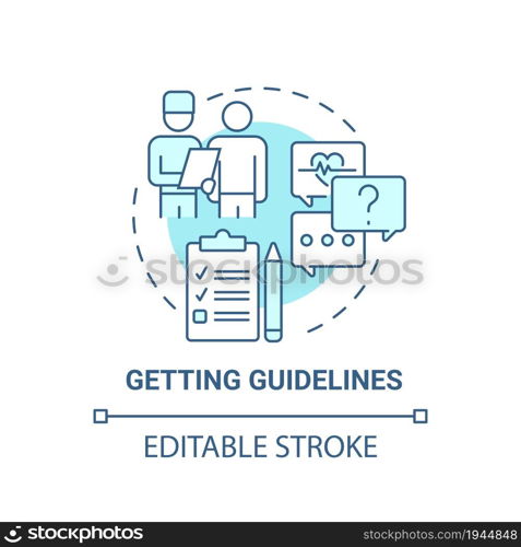 Getting guidelines blue concept icon. Pulmonary rehabilitation abstract idea thin line illustration. Doctor advice, prescription. Rehab program. Vector isolated outline color drawing. Editable stroke. Getting guidelines blue concept icon
