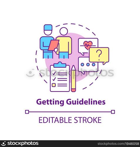 Getting guidelines concept icon. Pulmonary rehabilitation abstract idea thin line illustration. Doctor advice and prescription. Rehab program. Vector isolated outline color drawing. Editable stroke. Getting guidelines concept icon