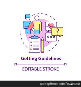 Getting guidelines concept icon. Pulmonary rehabilitation abstract idea thin line illustration. Doctor advice and prescription. Rehab program. Vector isolated outline color drawing. Editable stroke. Getting guidelines concept icon