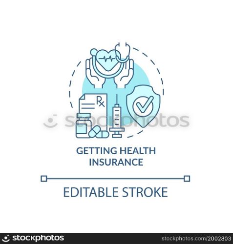 Getting health insurance blue concept icon. Things to consider when moving abstract idea thin line illustration. Medical protection. Medicare. Vector isolated outline color drawing. Editable stroke. Getting health insurance blue concept icon