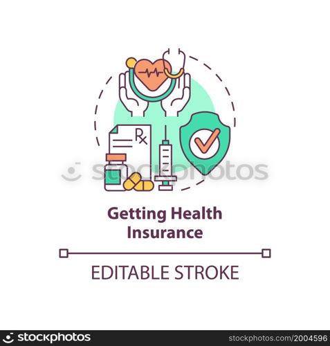 Getting health insurance concept icon. Things to consider when moving abstract idea thin line illustration. Medical protection. Medicare. Vector isolated outline color drawing. Editable stroke. Getting health insurance concept icon