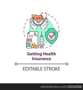 Getting health insurance concept icon. Things to consider when moving abstract idea thin line illustration. Medical protection. Medicare. Vector isolated outline color drawing. Editable stroke. Getting health insurance concept icon