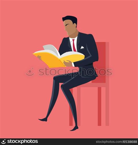 Getting on top of knowledge vector concept. Flat design. Man character in business suit seating on chair with book in hands. Self-education, and literature reading concept. On red background. . Reading Books Concept Vector in Flat Design.. Reading Books Concept Vector in Flat Design.