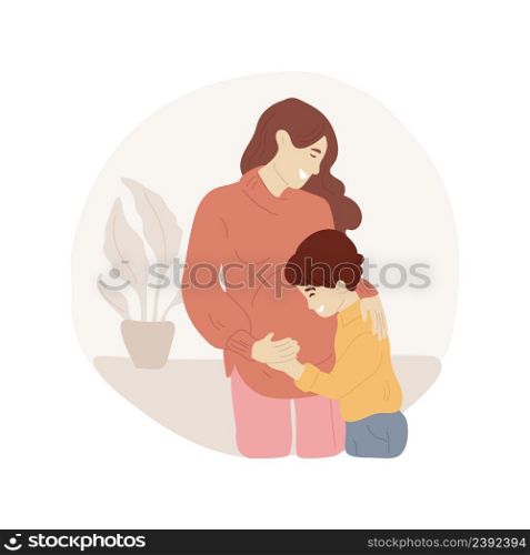 Getting pregnant with second child isolated cartoon vector illustration. Kid hugging mom with big belly, woman pregnant with second child, happy family life, expecting a baby vector cartoon.. Getting pregnant with second child isolated cartoon vector illustration.