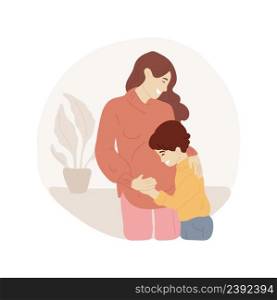 Getting pregnant with second child isolated cartoon vector illustration. Kid hugging mom with big belly, woman pregnant with second child, happy family life, expecting a baby vector cartoon.. Getting pregnant with second child isolated cartoon vector illustration.