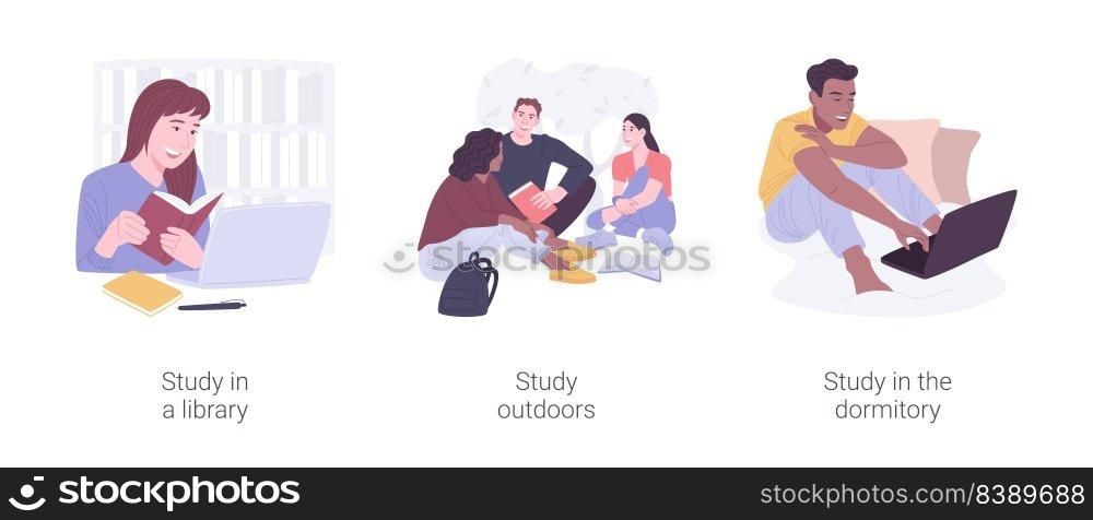 Getting ready for classes isolated cartoon vector illustrations set. Study in a library and outdoors, student preparing for college classes in dormitory room, student lifestyle vector cartoon.. Getting ready for classes isolated cartoon vector illustrations set.