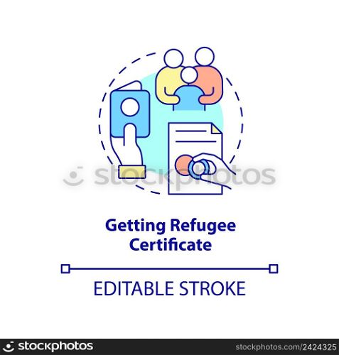 Getting refugee certificate concept icon. Belongings and documents abstract idea thin line illustration. Isolated outline drawing. Editable stroke. Arial, Myriad Pro-Bold fonts used. Getting refugee certificate concept icon