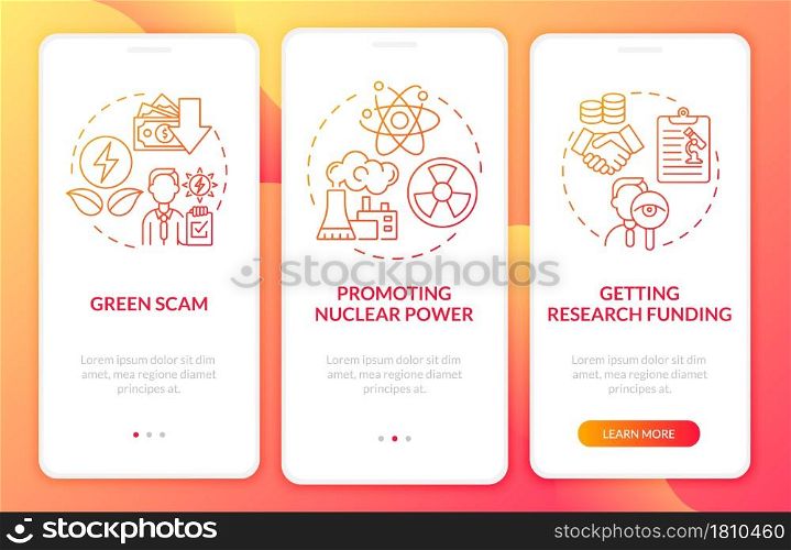 Getting research funding red gradient onboarding mobile app page screen. Green scam walkthrough 3 steps graphic instructions with concepts. UI, UX, GUI vector template with linear color illustrations. Getting research funding red gradient onboarding mobile app page screen