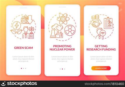Getting research funding red gradient onboarding mobile app page screen. Green scam walkthrough 3 steps graphic instructions with concepts. UI, UX, GUI vector template with linear color illustrations. Getting research funding red gradient onboarding mobile app page screen