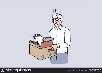 Getting retired at work concept. Sad mature man standing with belongings box and retirement lettering feeling frustrated and stressed vector illustration. Getting retired at work concept.