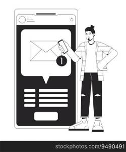 Getting text message bw concept vector spot illustration. Notification. Man holding smartphone 2D cartoon flat line monochromatic character for web UI design.editable isolated outline hero image. Getting text message bw concept vector spot illustration