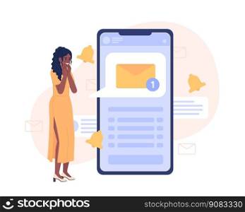 Getting text message on mobile phone flat concept vector spot illustration. Editable 2D cartoon character on white for web design. Notification on messenger app creative idea for website, magazine. Getting text message on mobile phone flat concept vector spot illustration
