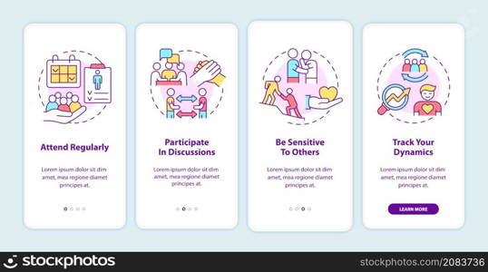 Getting the most from support group onboarding mobile app screen. Walkthrough 4 steps graphic instructions pages with linear concepts. UI, UX, GUI template. Myriad Pro-Bold, Regular fonts used. Getting the most from support group onboarding mobile app screen