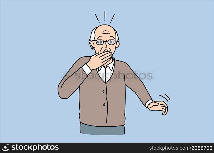 Getting virus and coughing concept. Mature elderly aged man standing covering mouth with hand coughing or getting surprised vector illustration. Getting virus and coughing concept.