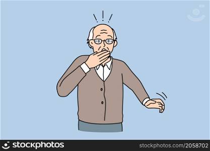 Getting virus and coughing concept. Mature elderly aged man standing covering mouth with hand coughing or getting surprised vector illustration. Getting virus and coughing concept.