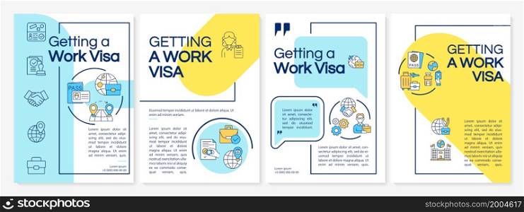 Getting work visa yellow, blue brochure template. Live abroad. Flyer, booklet, leaflet print, cover design with linear icons. Vector layouts for presentation, annual reports, advertisement pages. Getting work visa yellow, blue brochure template