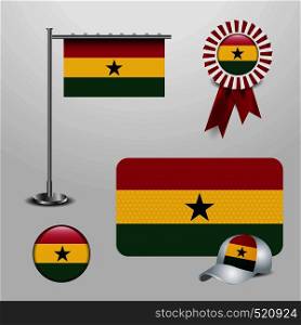 Ghana Country Flag haning on pole, Ribbon Badge Banner, sports Hat and Round Button. Vector EPS10 Abstract Template background